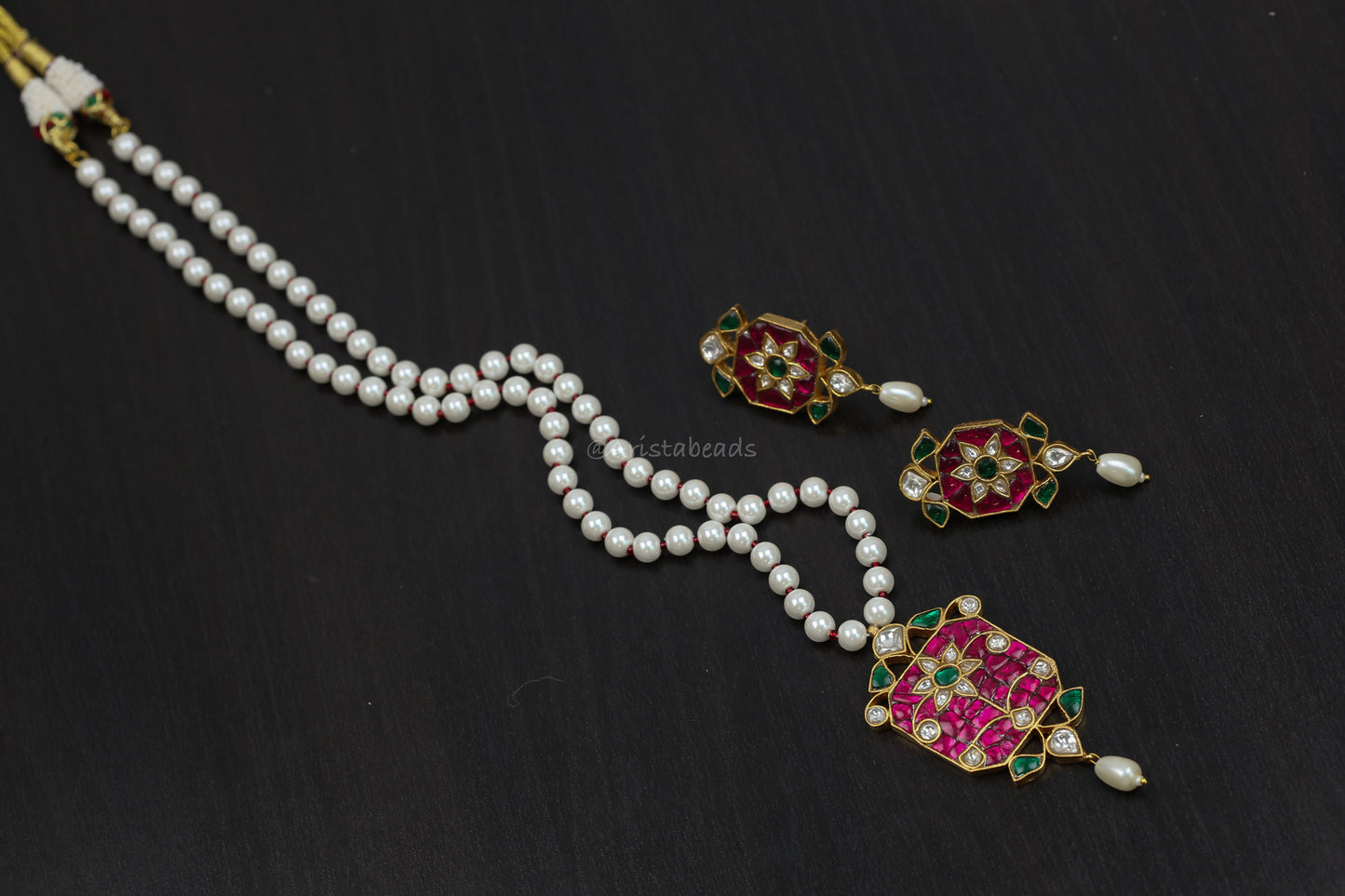 Jadau Takkar Kundan Work Necklace Set (104-16) - Ruby Green