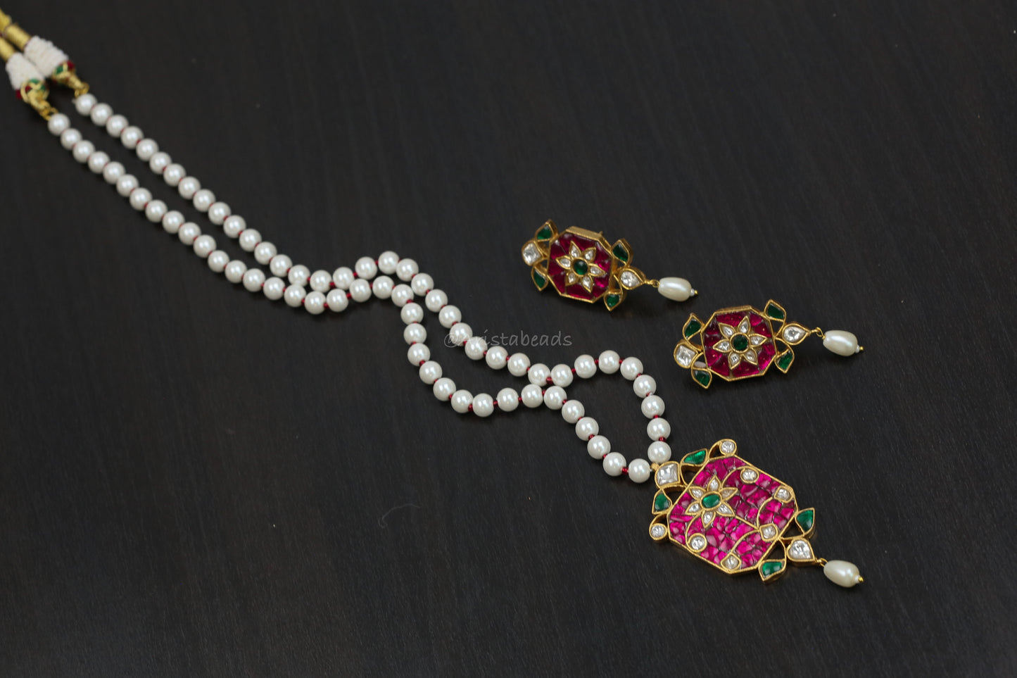 Jadau Takkar Kundan Work Necklace Set (104-16) - Ruby Green