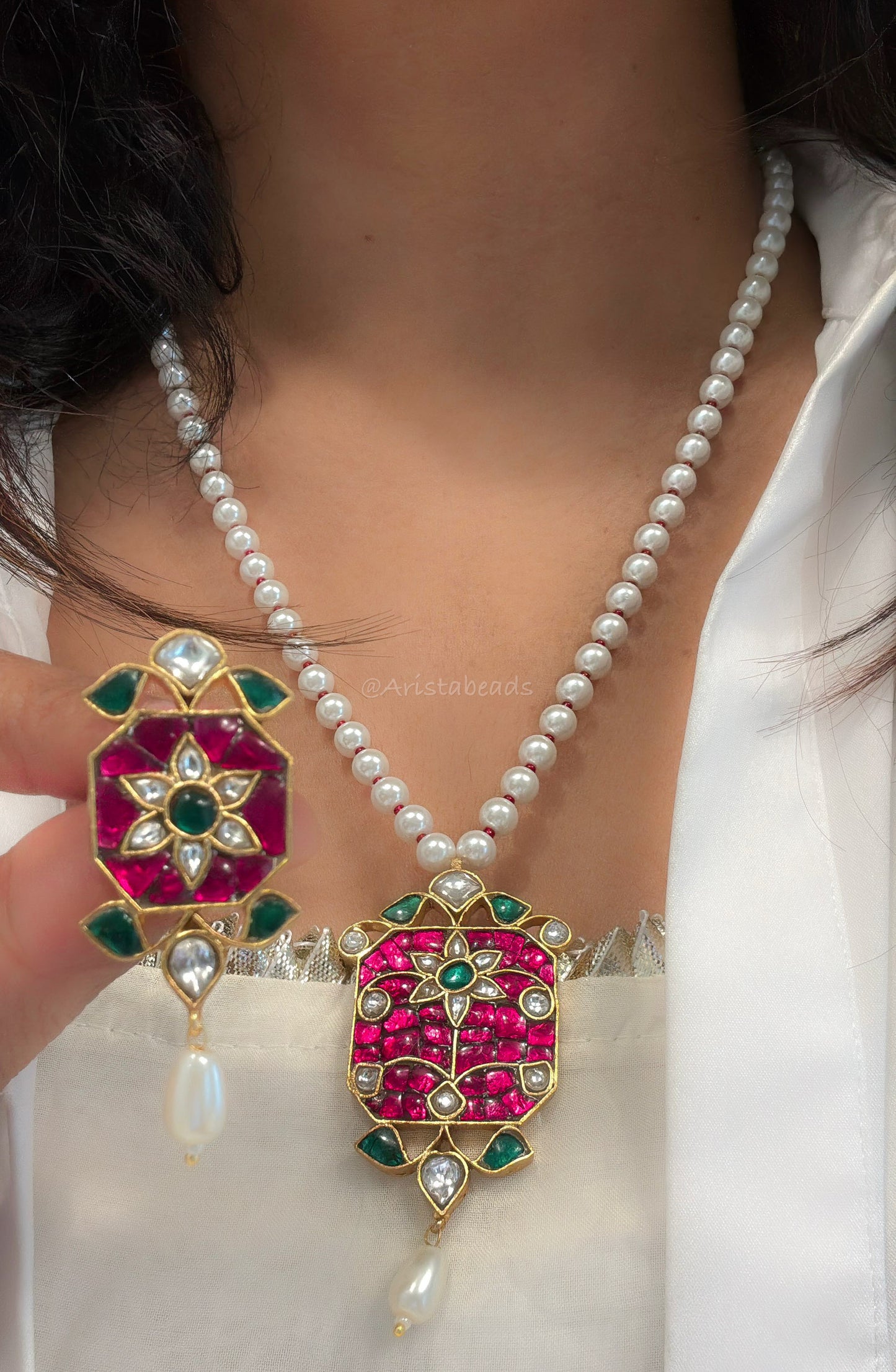Jadau Takkar Kundan Work Necklace Set (104-16) - Ruby Green