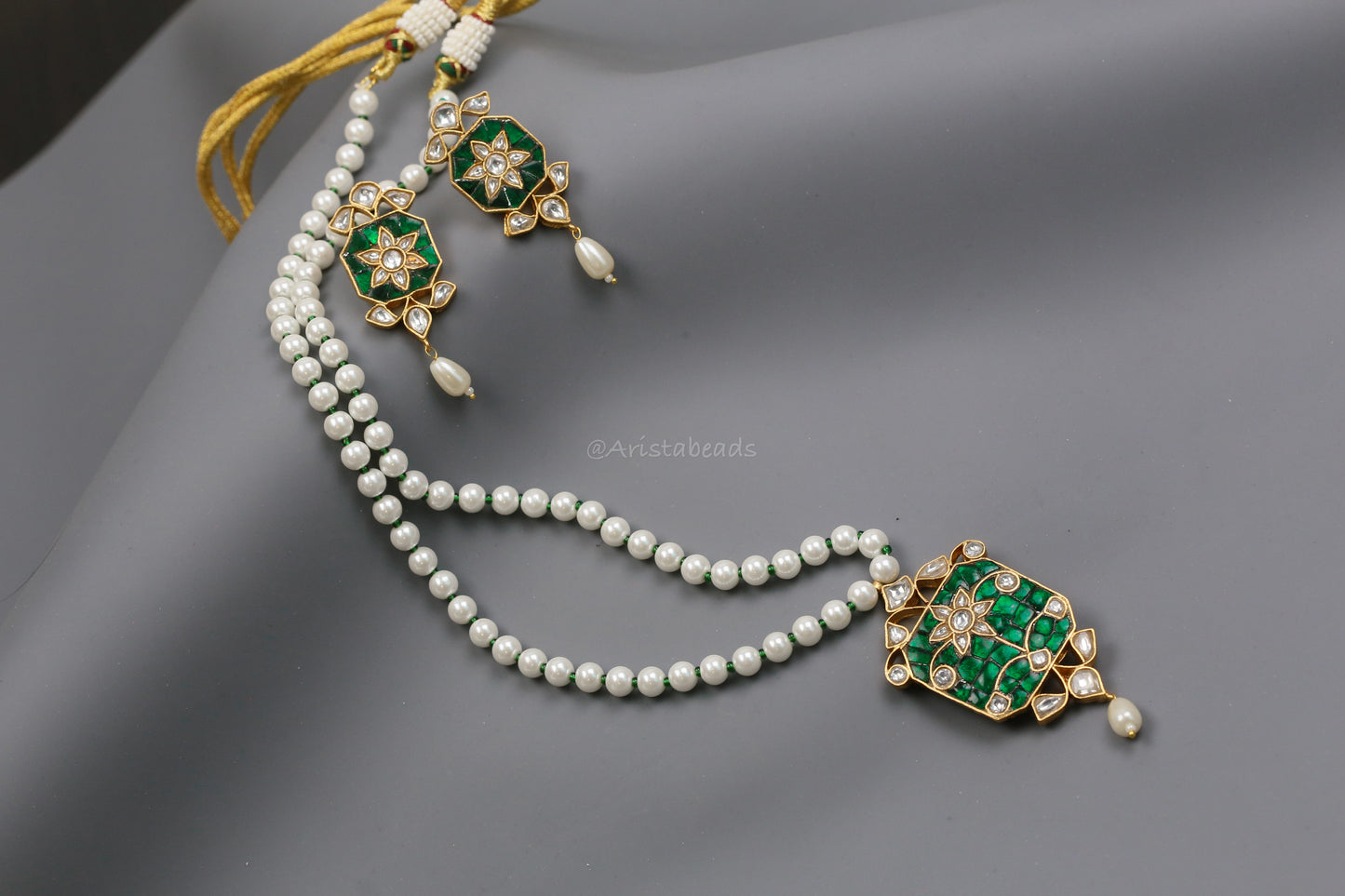 Jadau Takkar Kundan Work Necklace Set (104-16)- Green