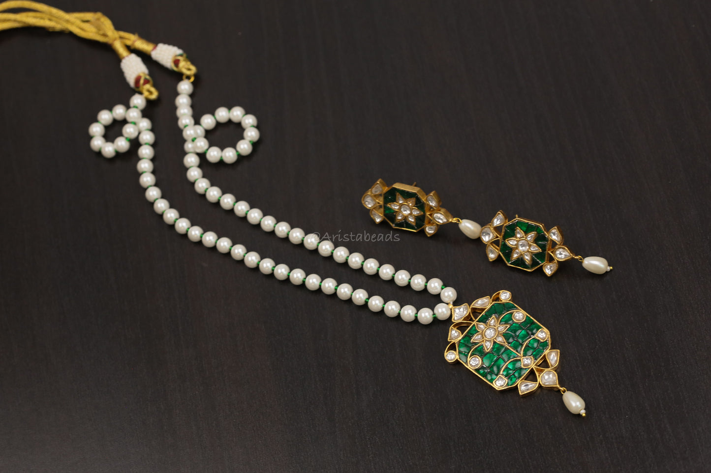 Jadau Takkar Kundan Work Necklace Set (104-16)- Green