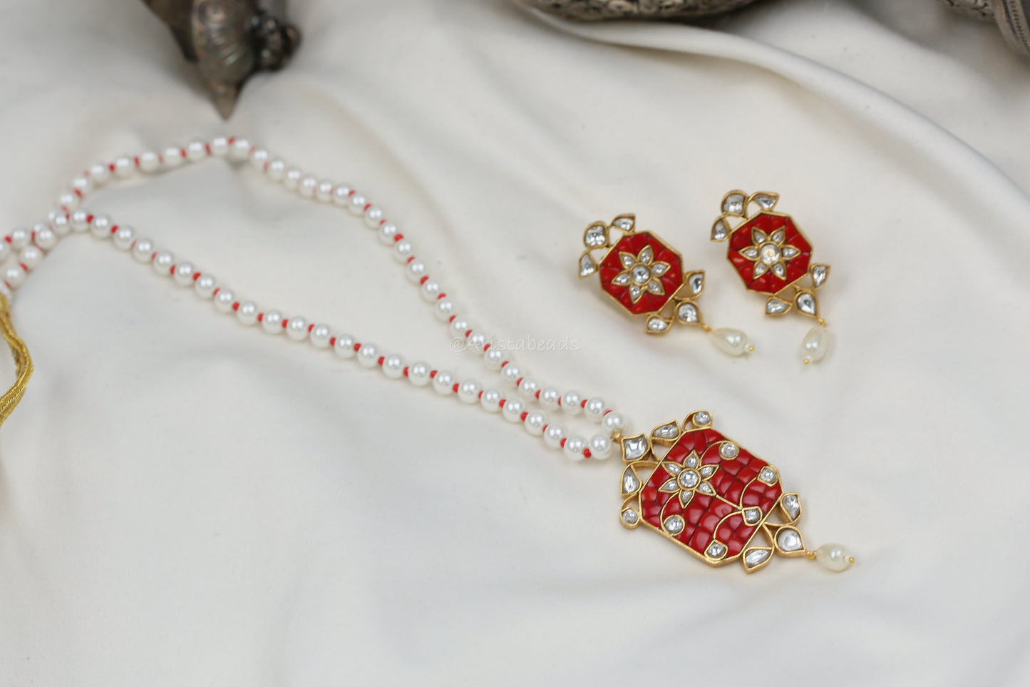 Jadau Takkar Kundan Work Necklace Set (104-17)- Coral