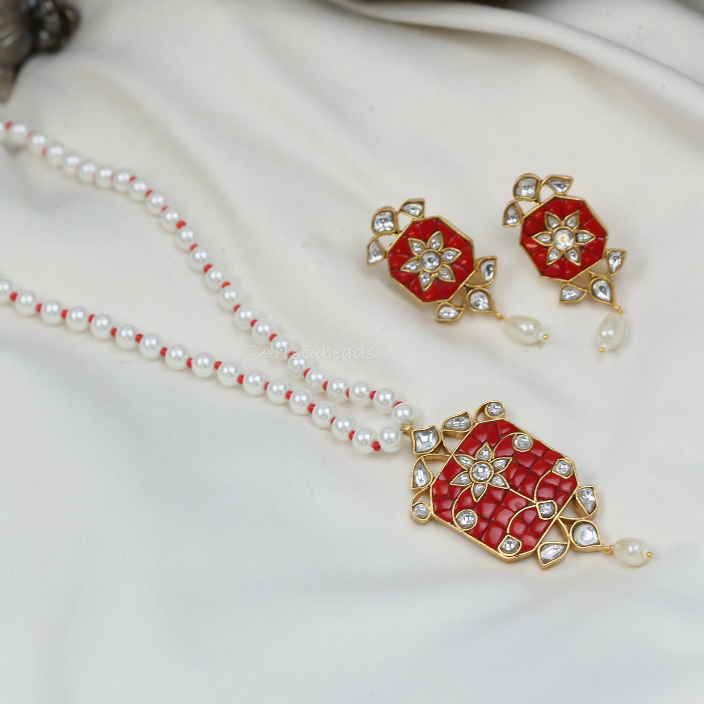 Jadau Takkar Kundan Work Necklace Set (104-17)- Coral