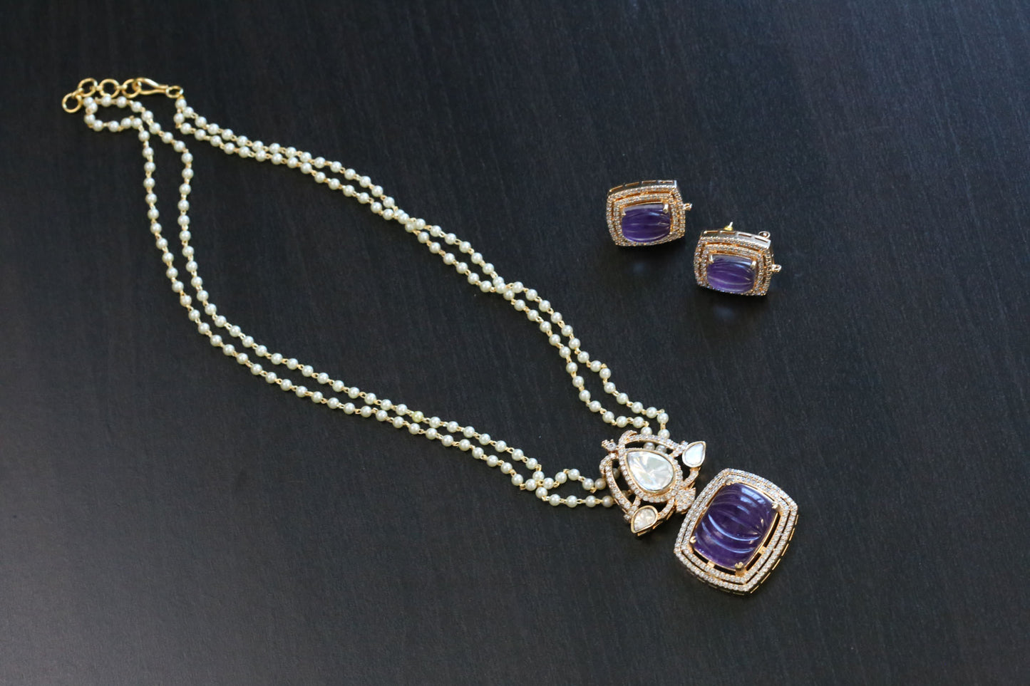Carved Stone Polki Kundan Necklace Set - Purple