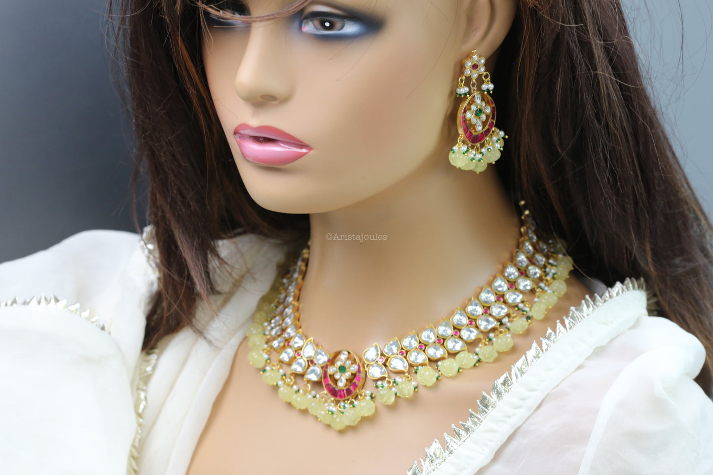 Takkar Jadau Kundan Necklace -Yellow Strawberry Quartz