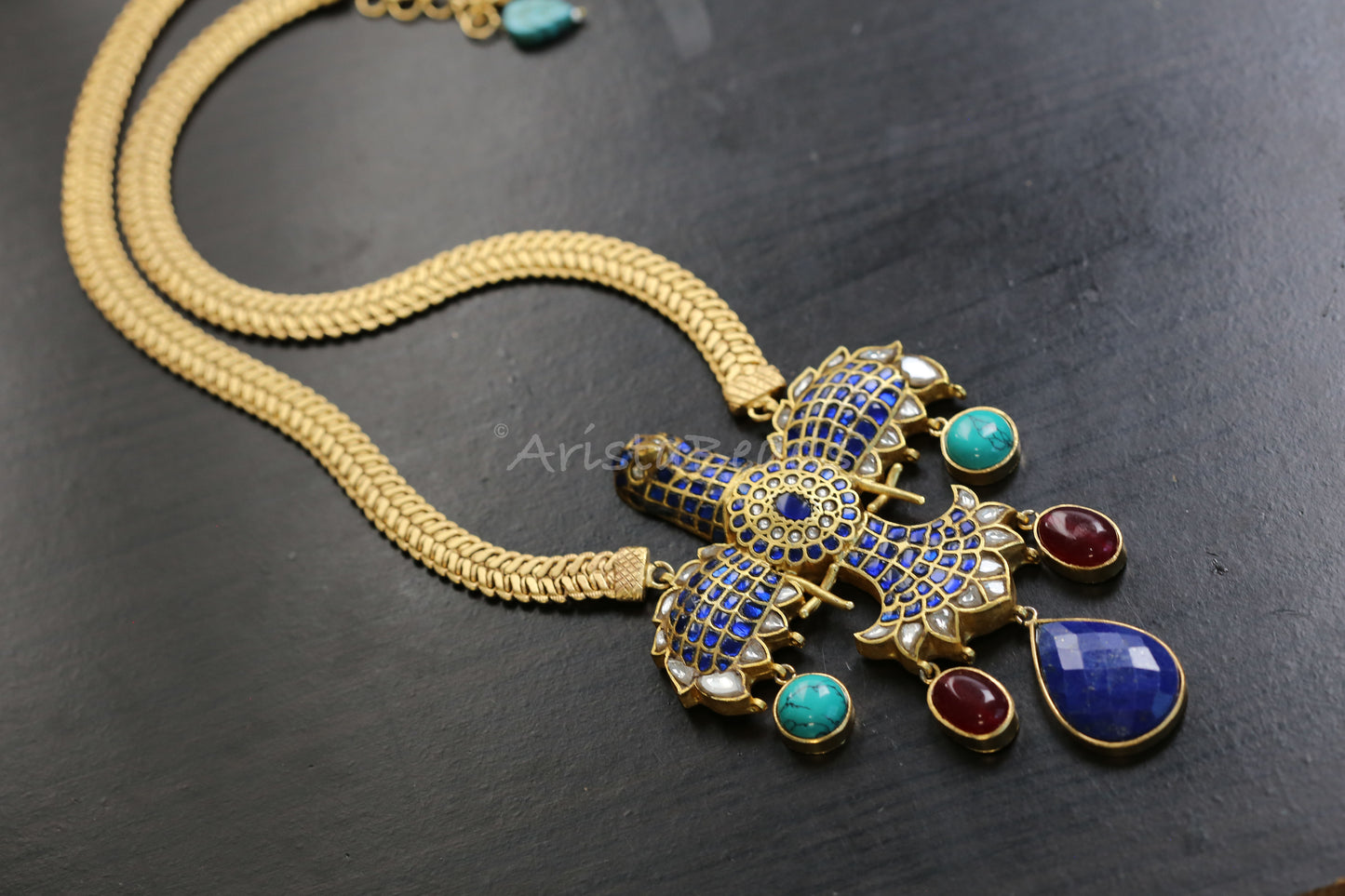 Designer Garuda Semiprecious Fusion Necklace in Matt Gold (103-86)
