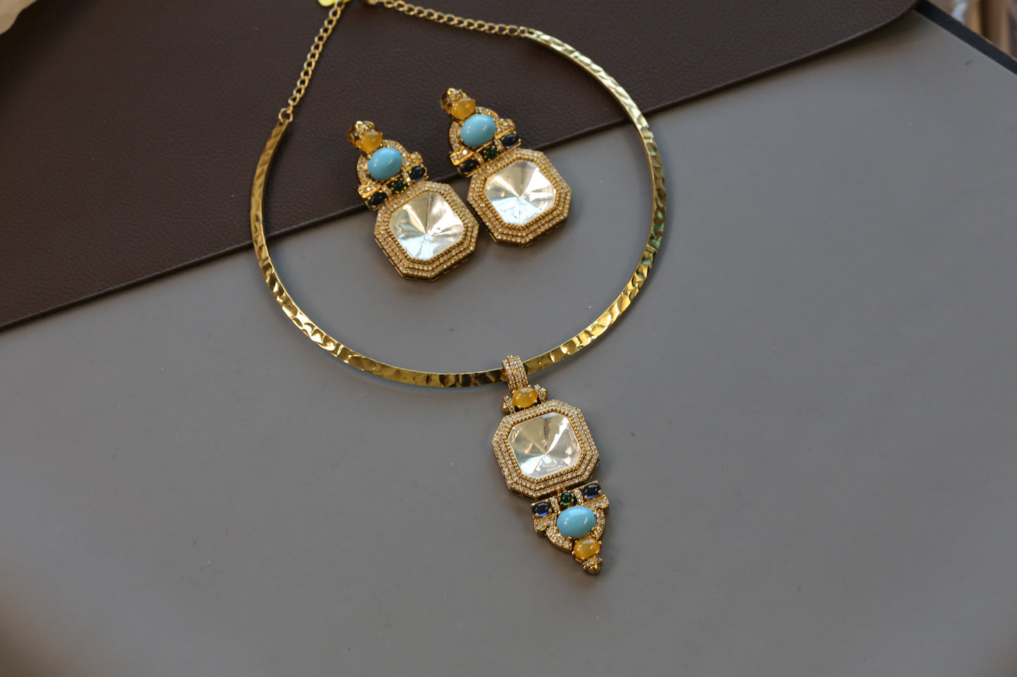 Mehnaaz Contemporary Polki & Semiprecious Stones Hasli Set - Turquoise