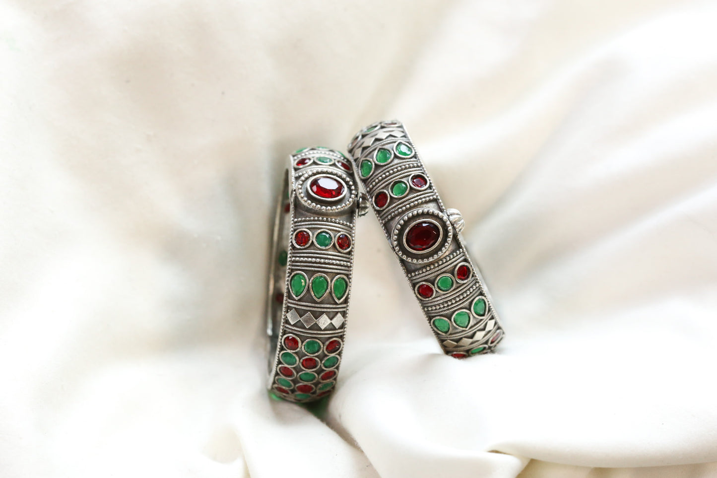 Mahi Silver Looka Alike Bangle  - Green Red