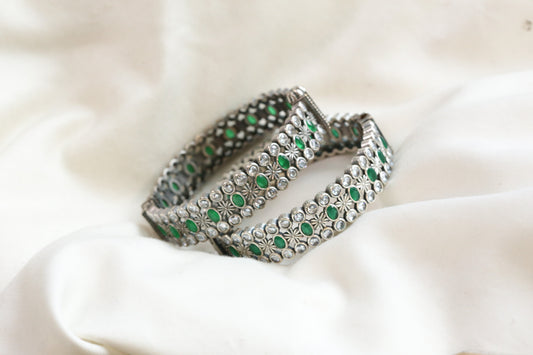 Kripa Silver Look Alike Bangle  Set -Green