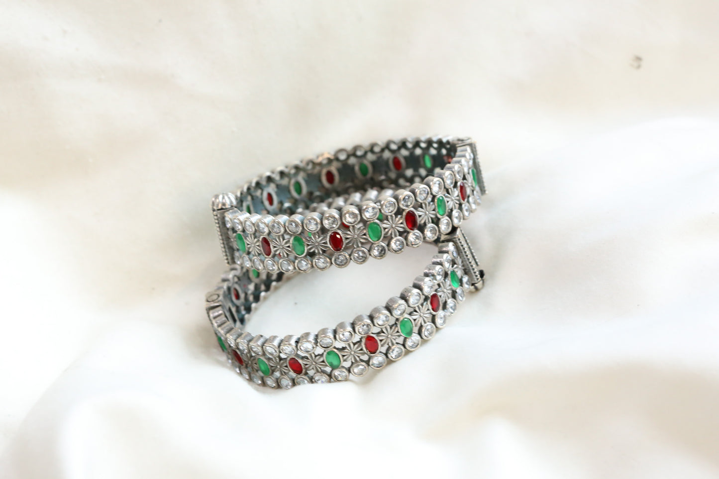 Kripa Silver Look Alike Bangle  Set -Green Red
