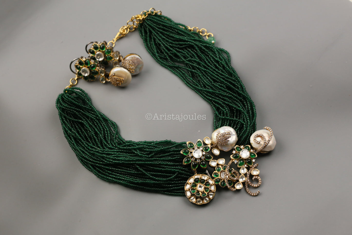 Designer Baroque Pearls, CZ & Green Pota Multistrand Set
