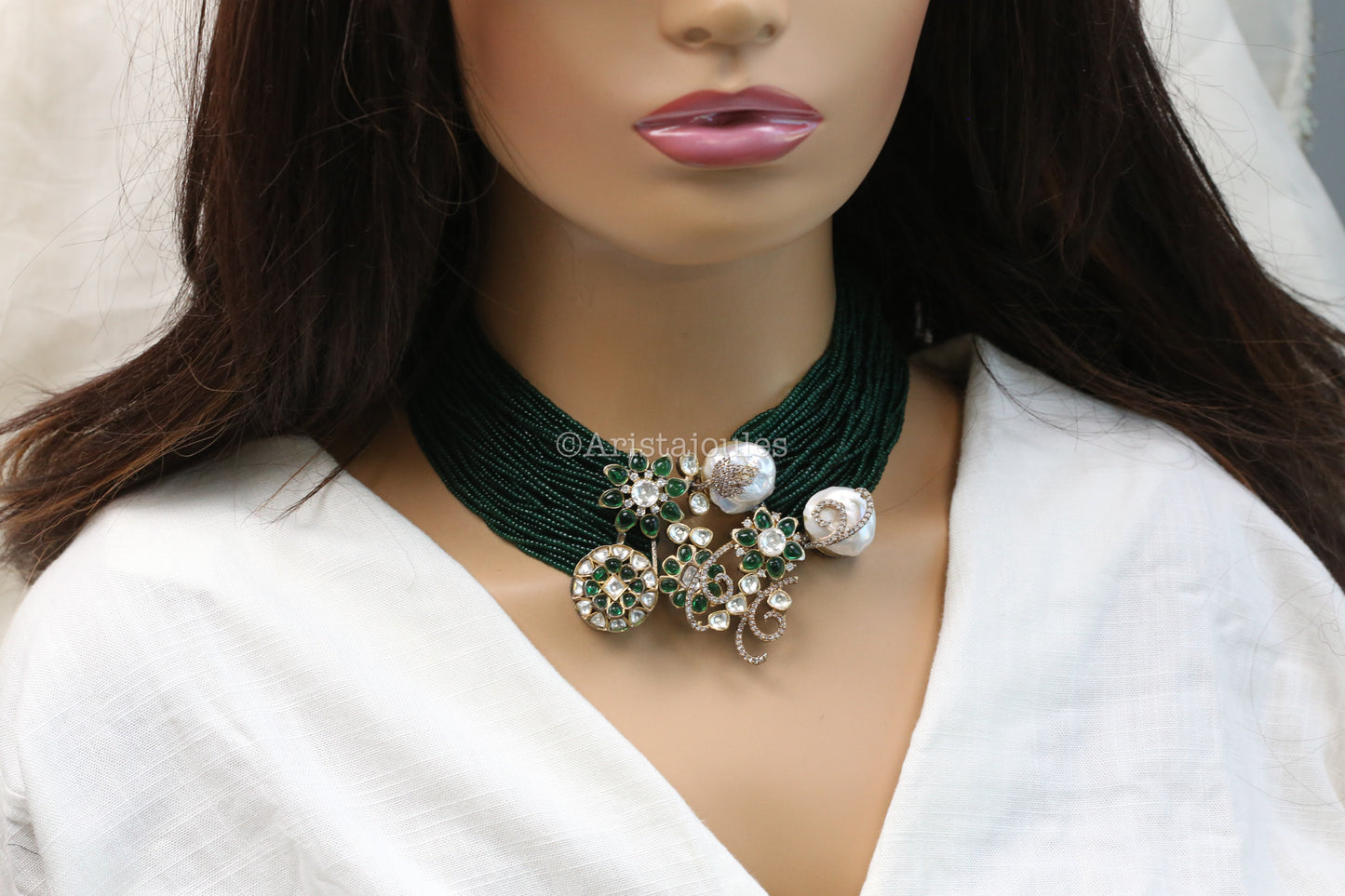 Designer Baroque Pearls, CZ & Green Pota Multistrand Set