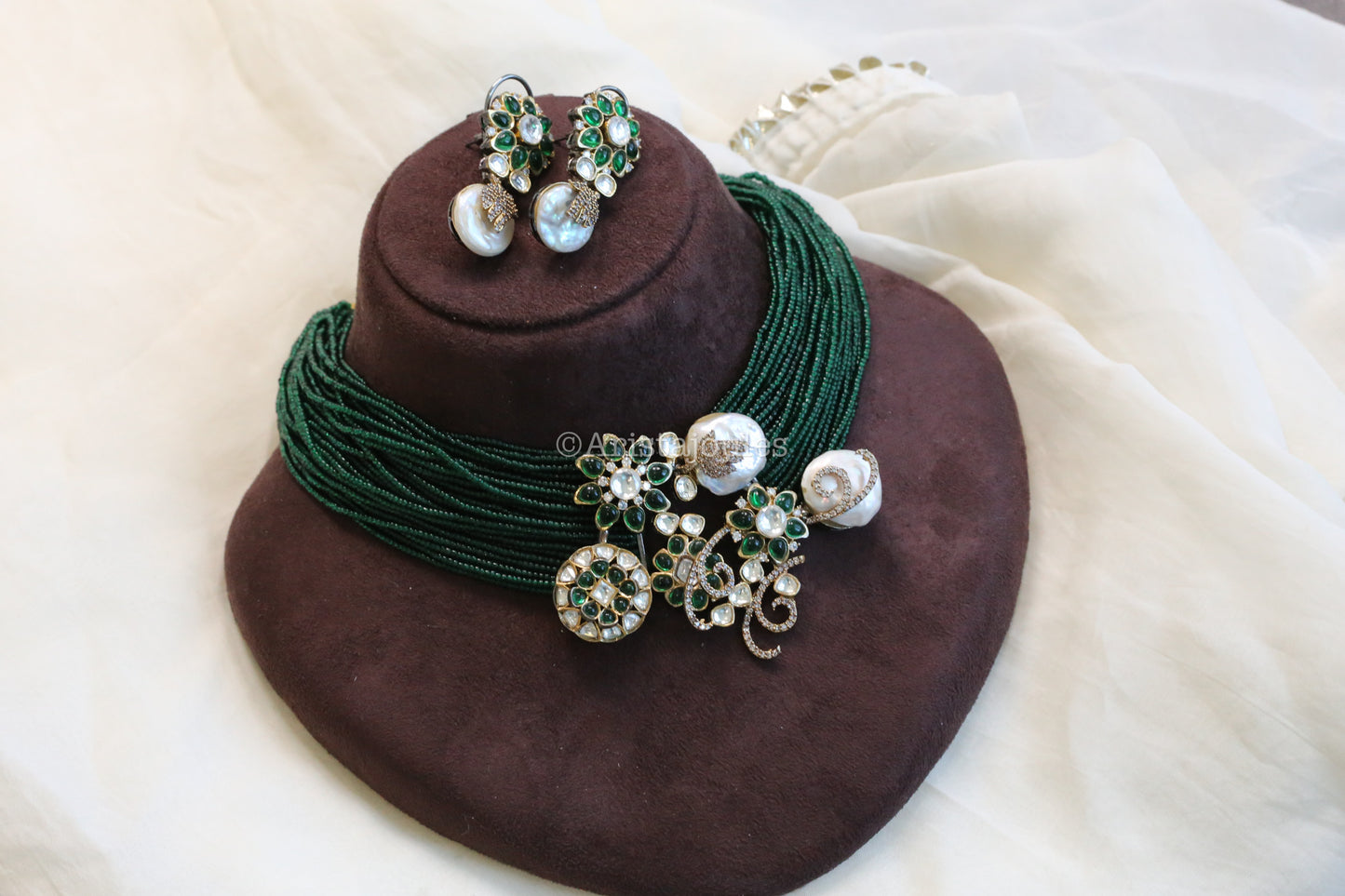 Designer Baroque Pearls, CZ & Green Pota Multistrand Set
