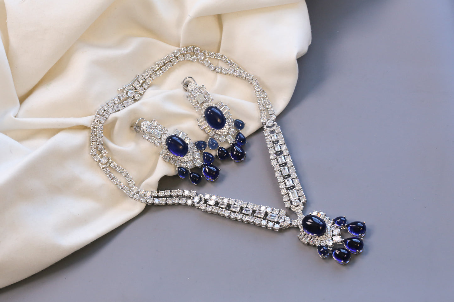 Premium Solitaire CZ & Pota Blue Doublet Necklace Set