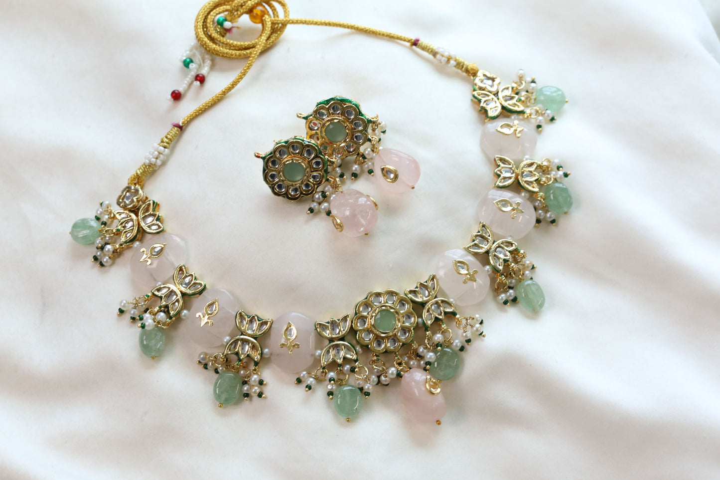 Meerut Kundan Inlay Work Necklace Set - Rose Quartz