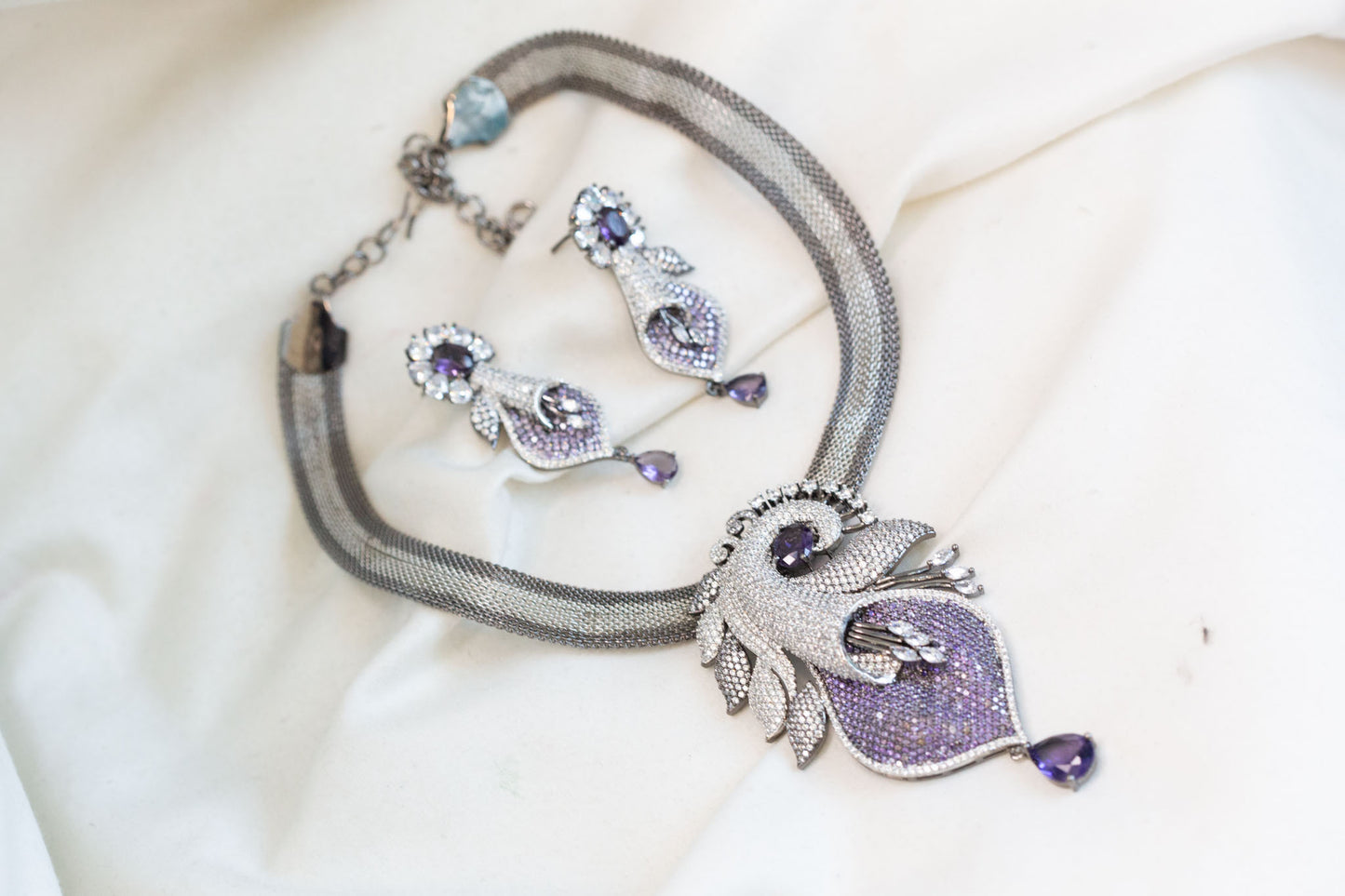 Victorian Black Polish & Micro CZ Necklace Set - Purple