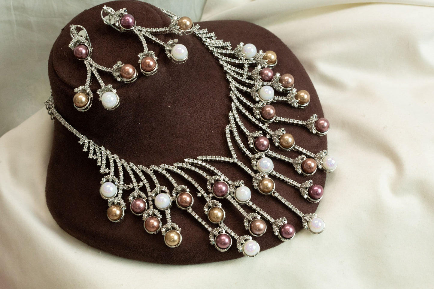 Contemporary CZ & Swarovski Pearls Necklace Set