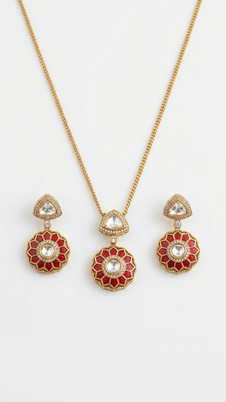 Coral Takkar Jadau & Polki Pendant Set