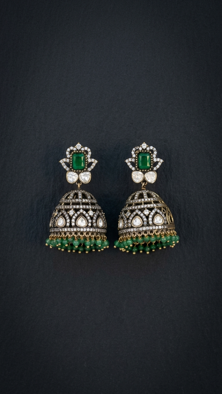 Victorian Mehndi Polish Moissanite CZ Jhumka