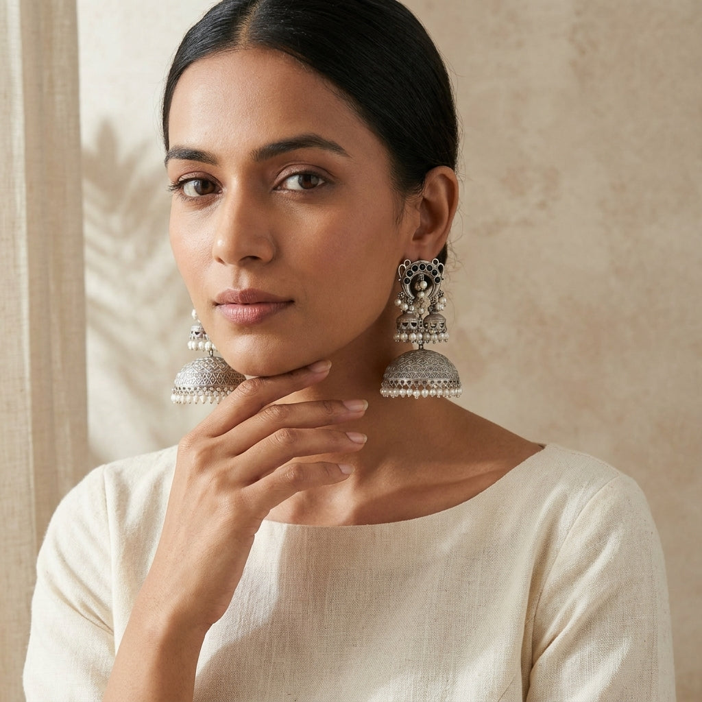 Layered Silver Tone Earrings - Black