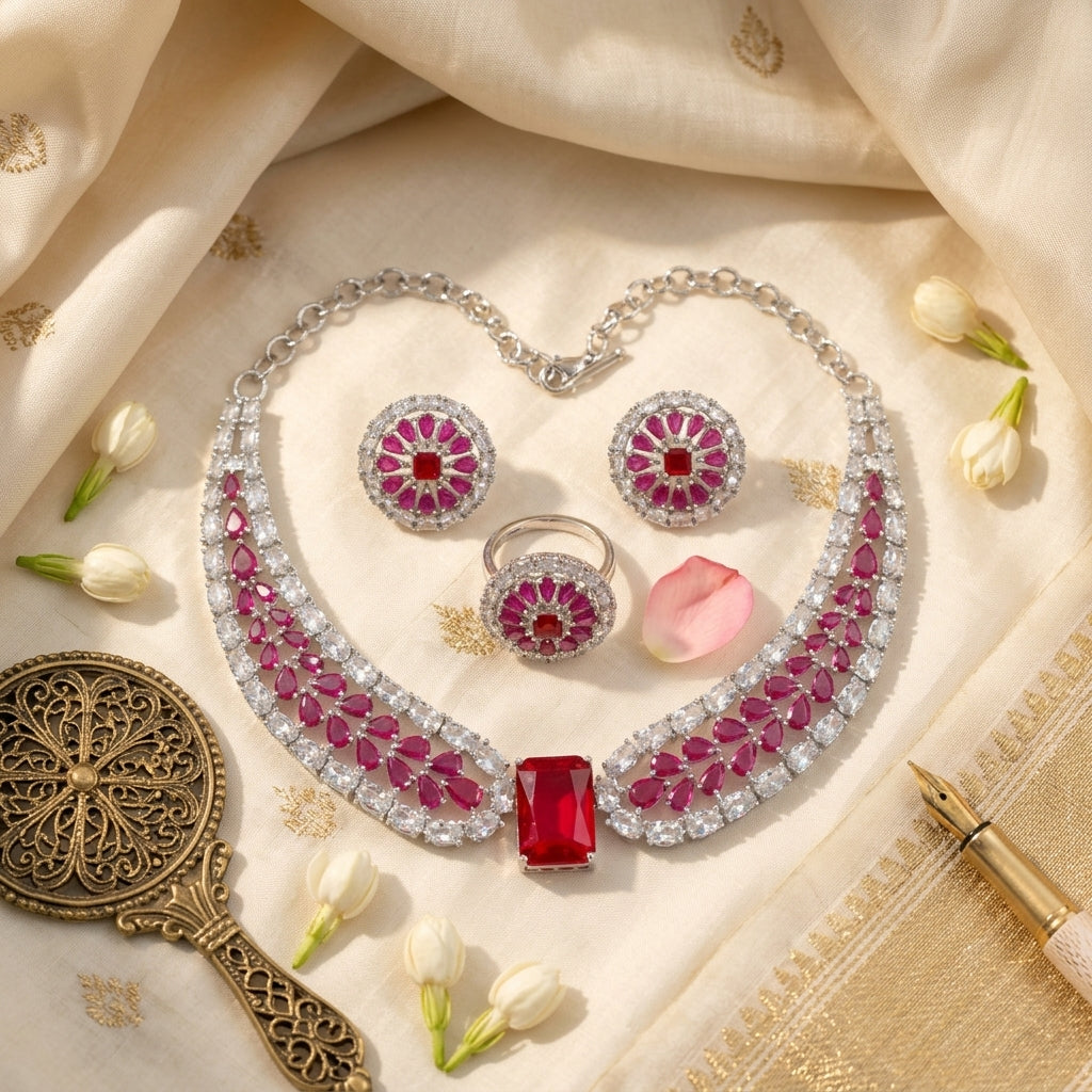 Ruby CZ Necklace, Earrings & Ring Set