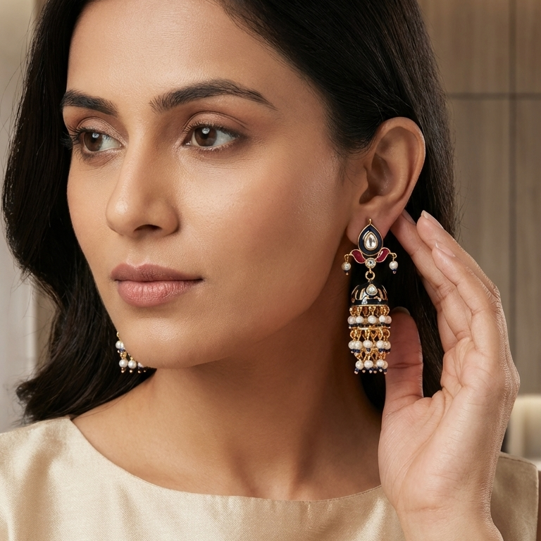 Jadau Kundan Meenakari Jhumka - Blue