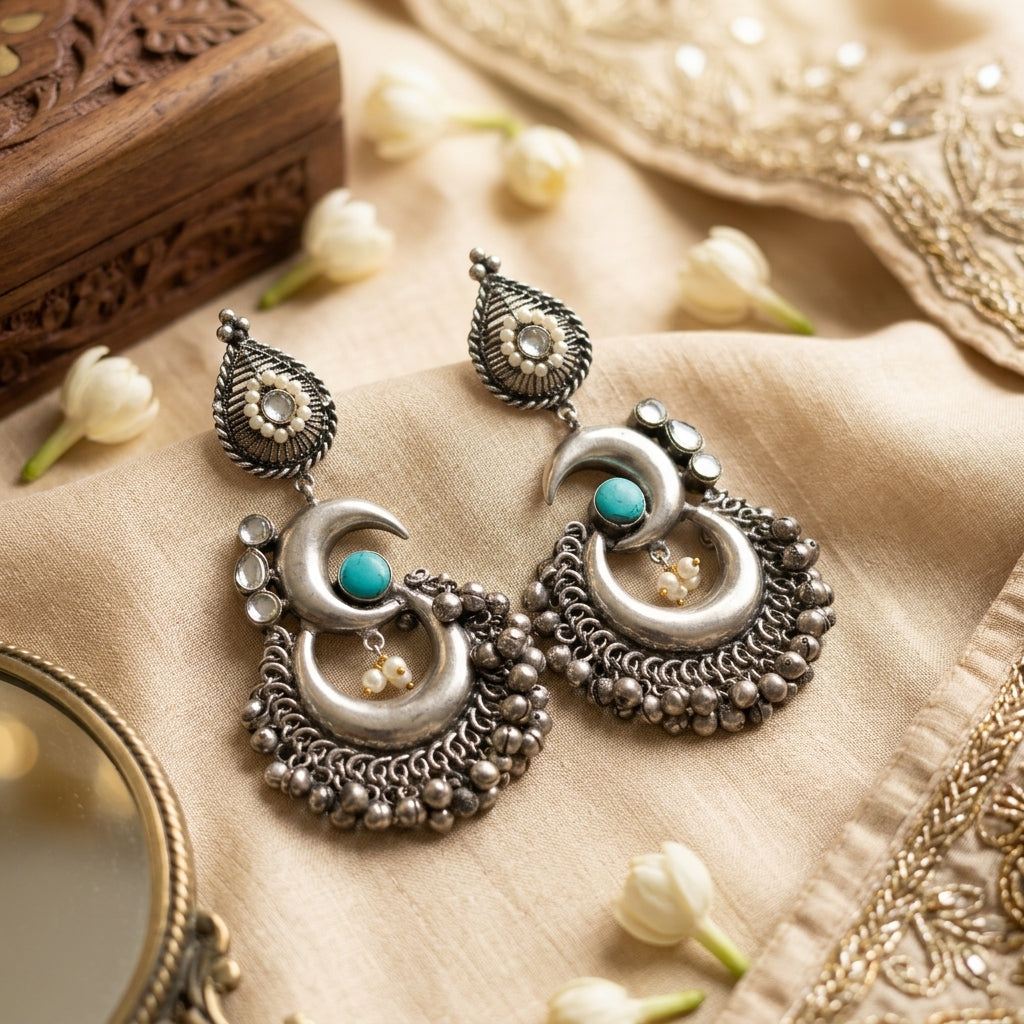 Chandrika Oxidized Chandbaali - Turquoise