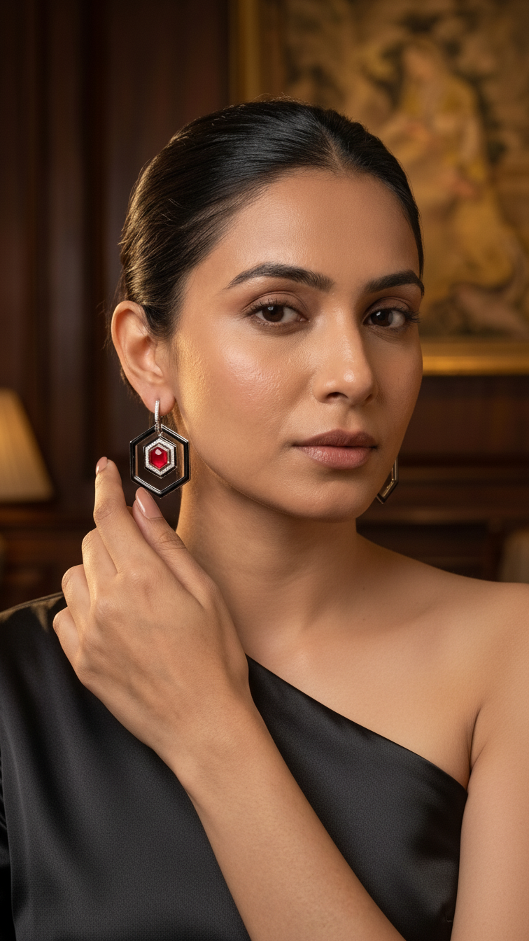 Hexagon Emerald Doublet & Enamel Earrings - Red