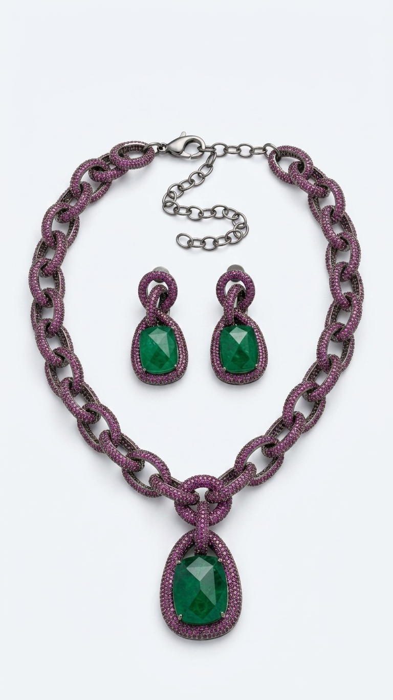 Contemporary CZ & Green Pota Doublet Necklace Set