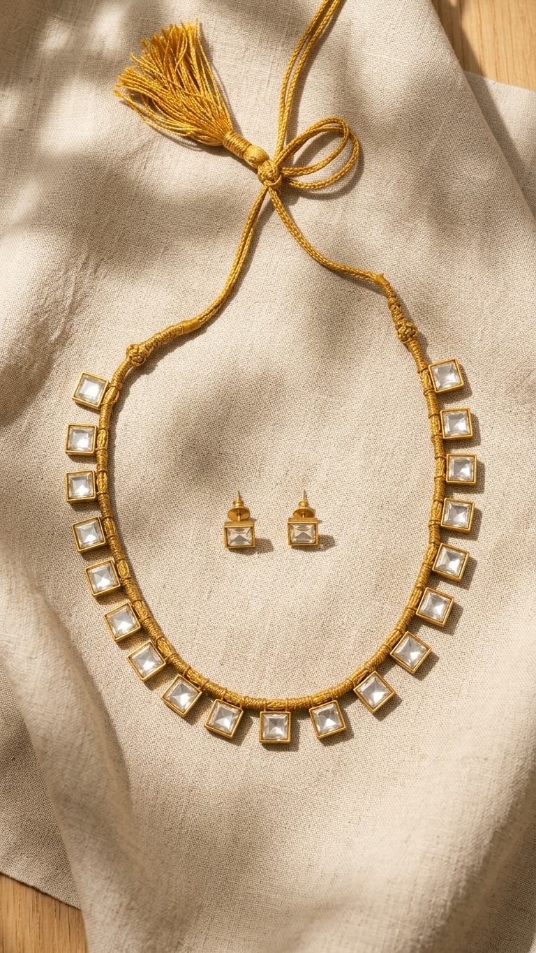 Dainty Faceted Jadau Kundan Polki Necklace Set