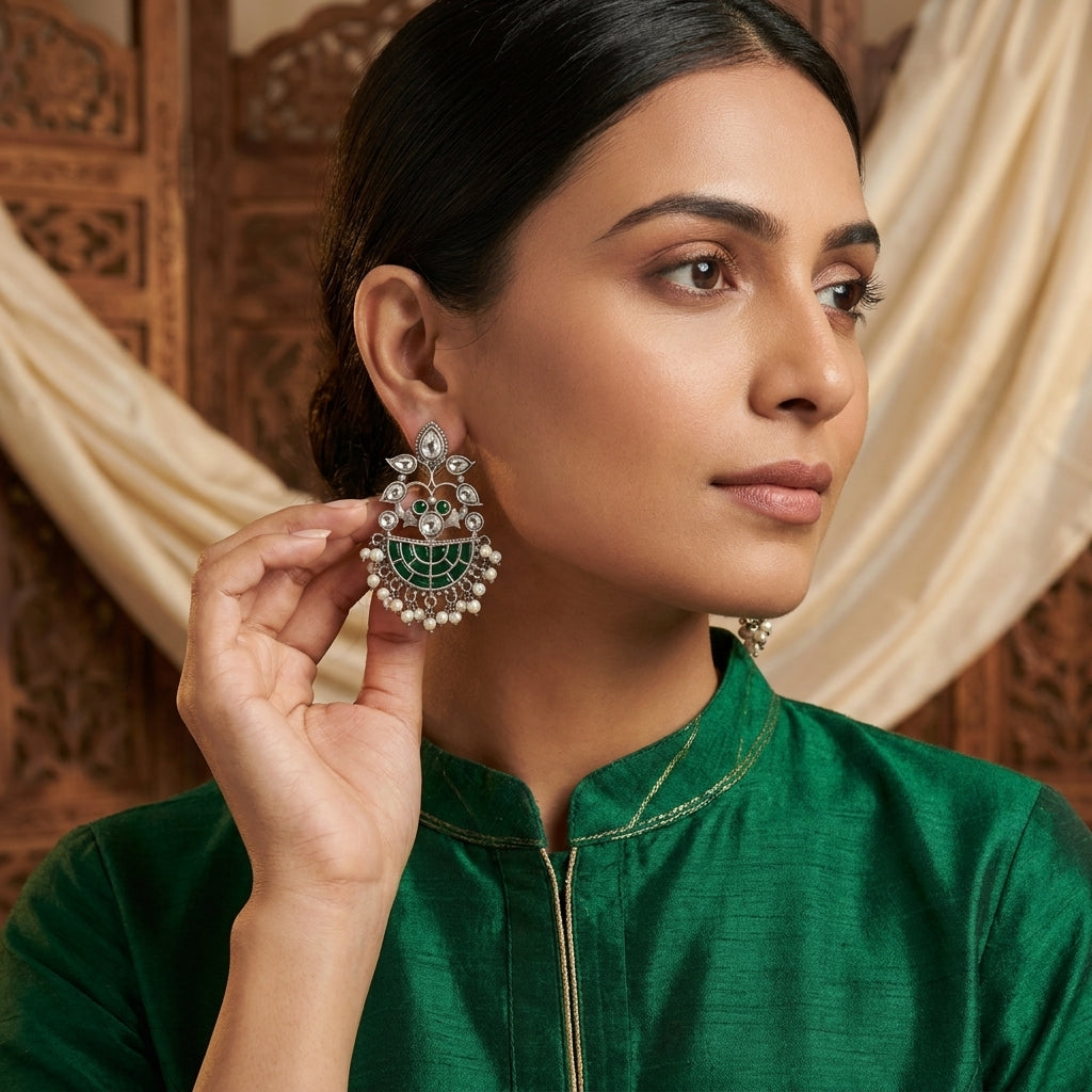 Green Kundan Jadau Chandbaali