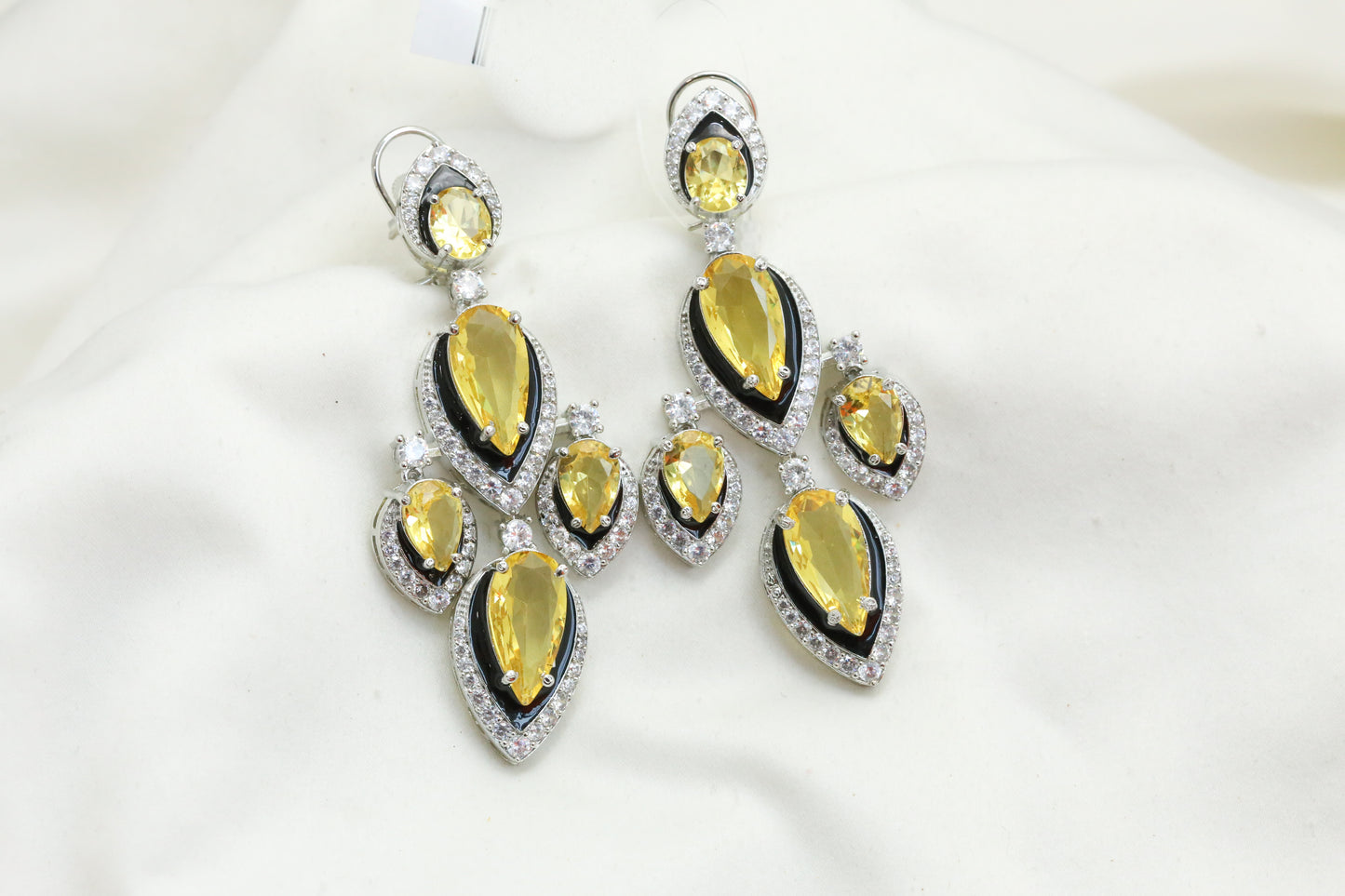 Premium Yellow & Clear CZ Earrings - Black Enamel