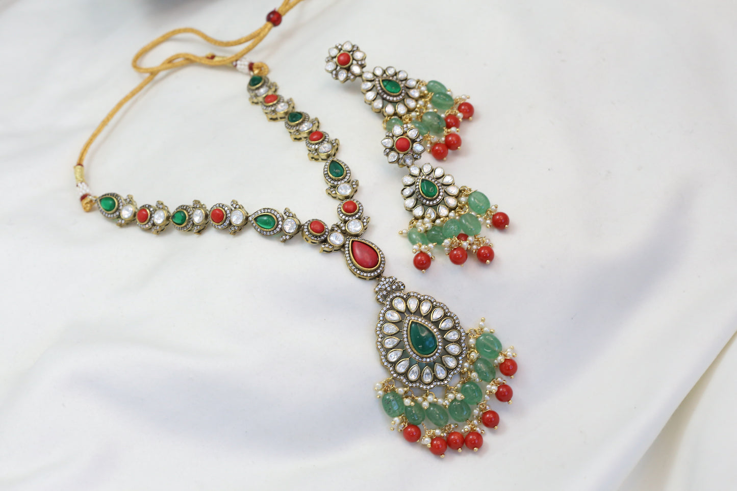 Green Coral Stones & Kundan Polki Necklace Set