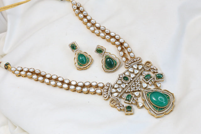 Victorian Moissanite Look Polki & Pota Doublet Set - Green
