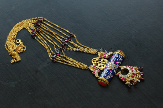 Jadau Kundan Meenakali Tabeez Necklace - Ruby  & Blue