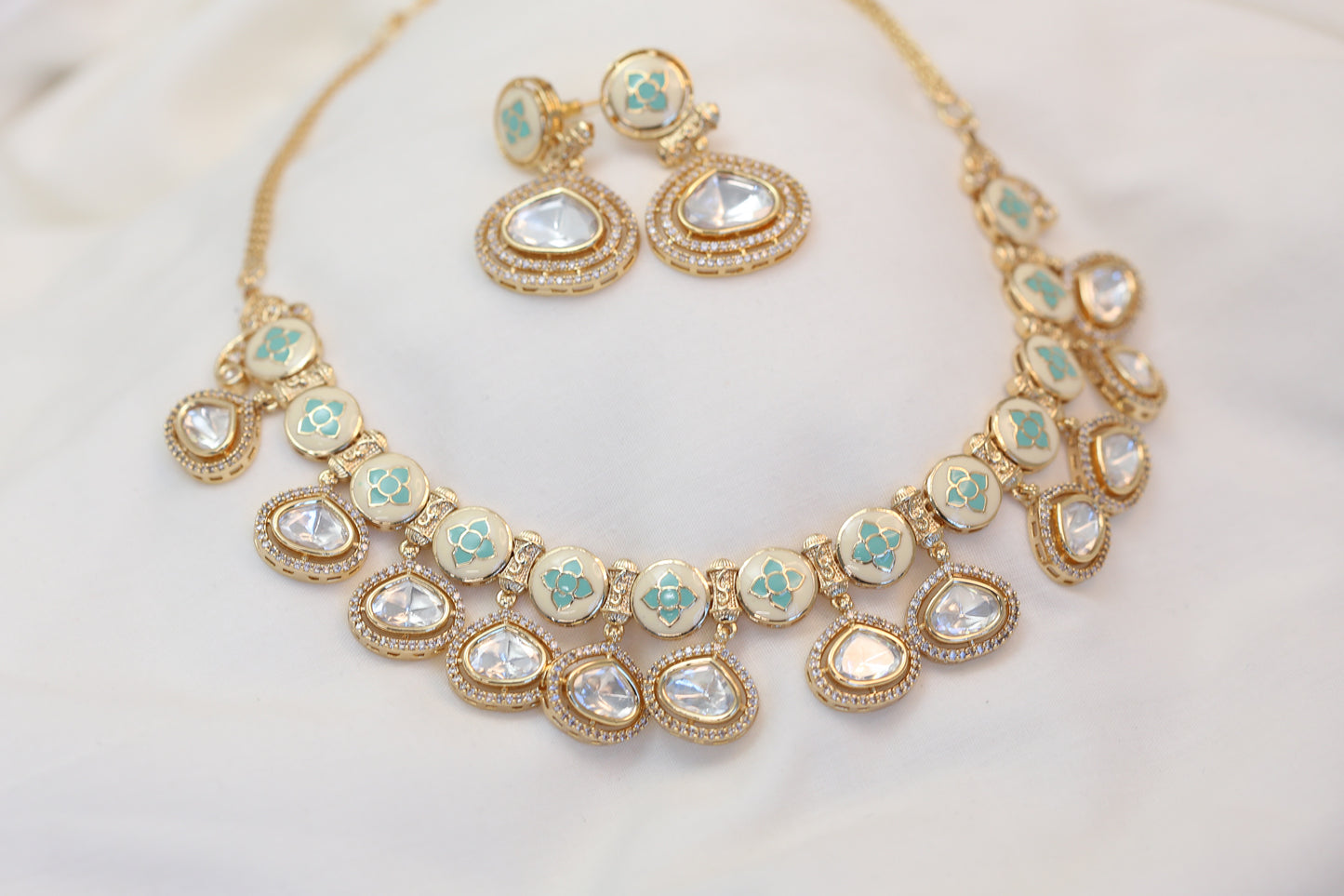 Uncut Polki & Teal Enamel Set (102-91)