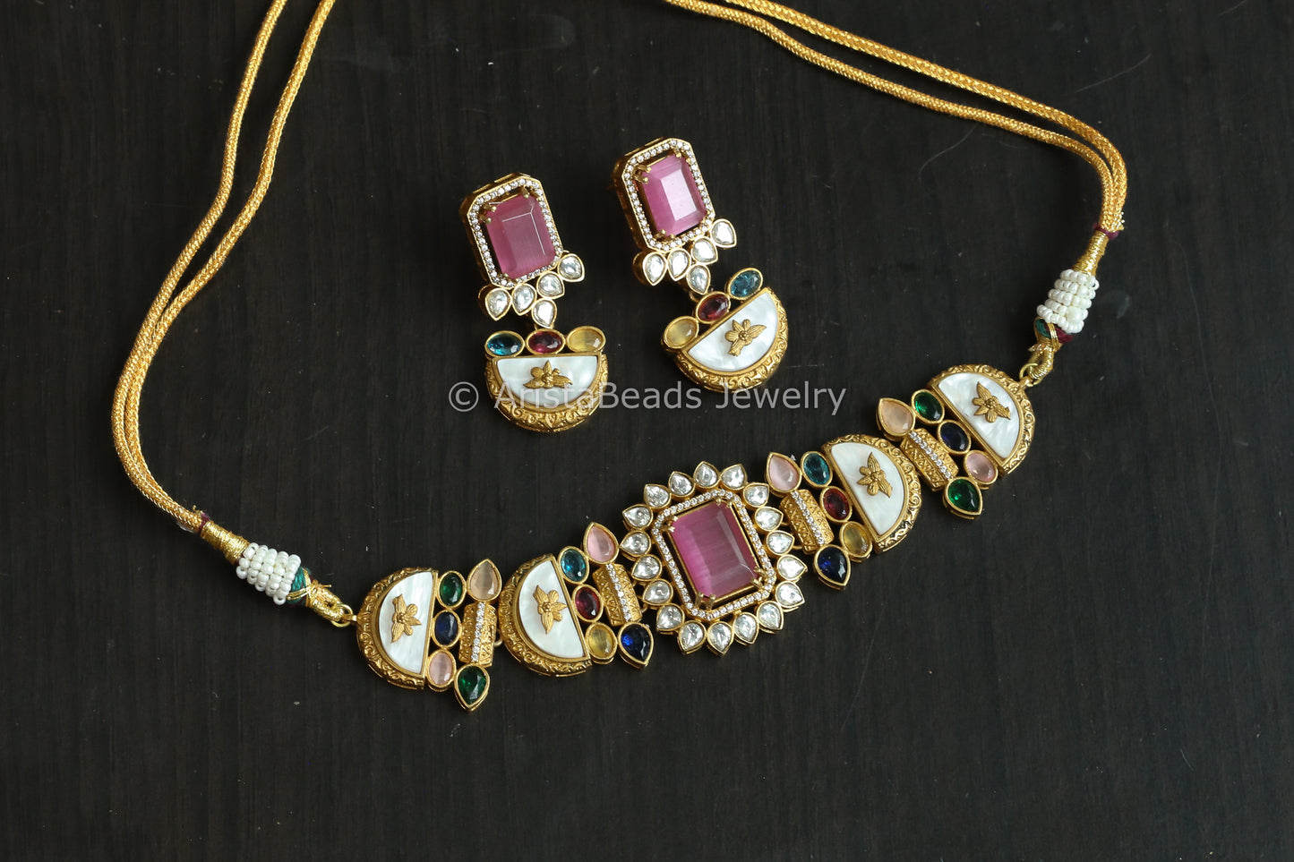Antique Gold MOP & Pink Stone Set (ABJ-N101-65)