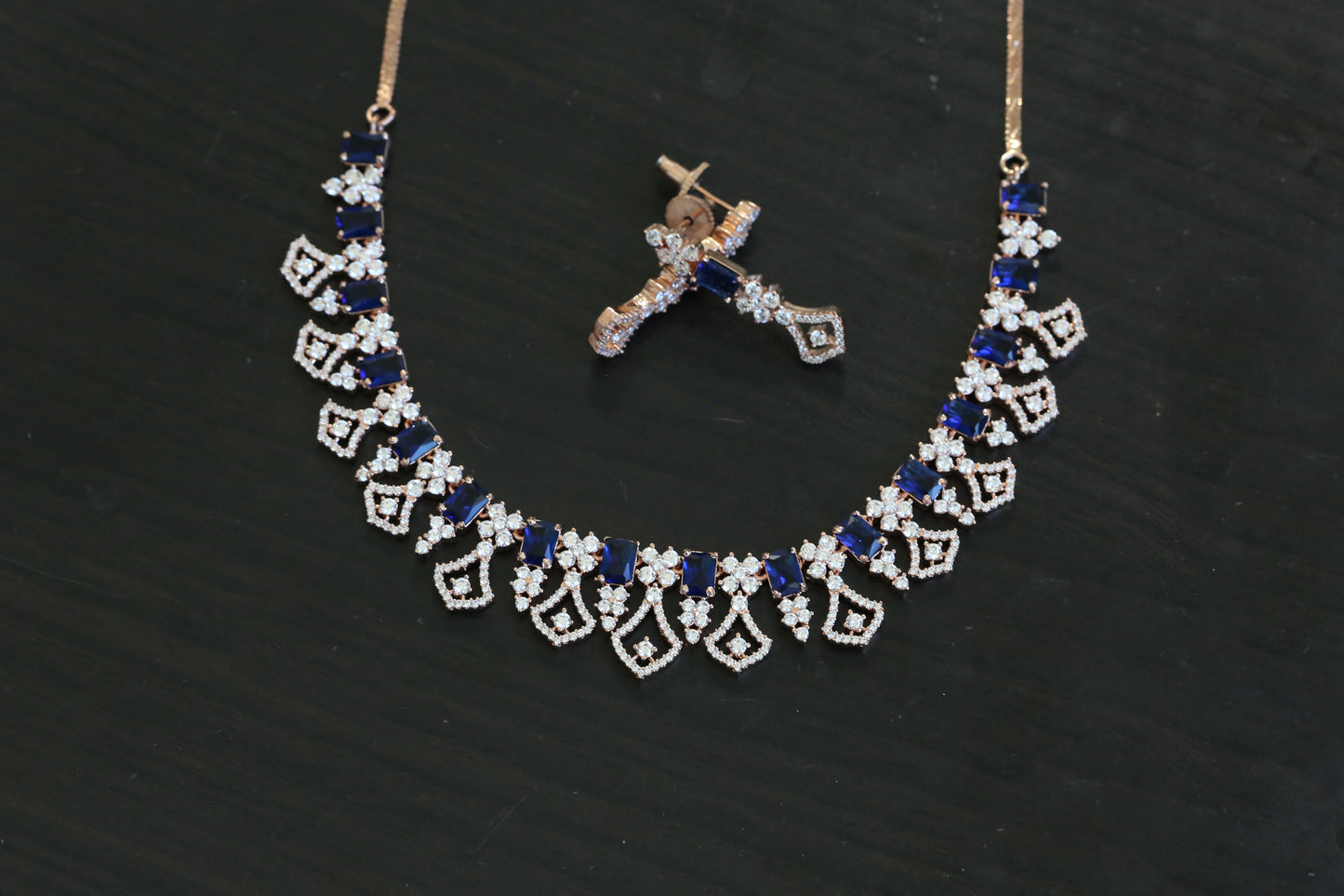 Next To Real Diamond Rose Gold Blue CZ Necklace Set
