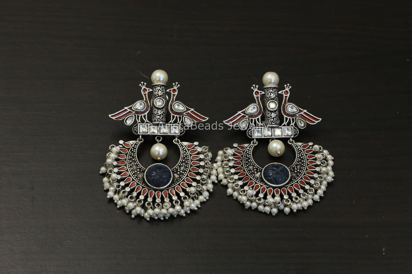 Dual Tone Kundan Enamel Earrings - Red