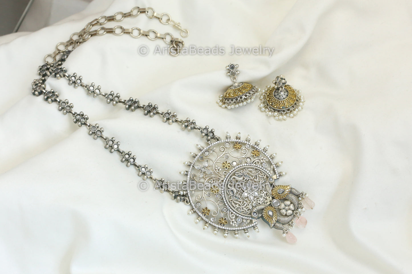 Swati Dual Tone Long Necklace Set - Clear