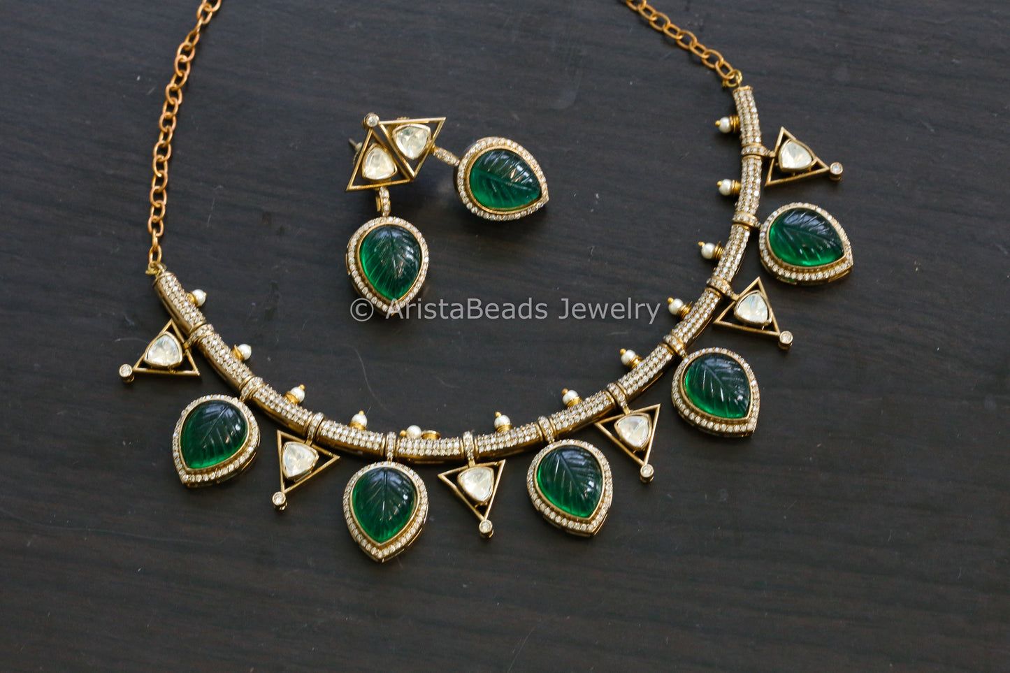 Carved Green Doublet & Moissanite Polki Set (102-27)