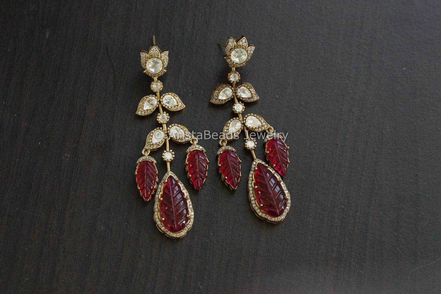 Carved Red Doublet & Polki earrings (E101-04)