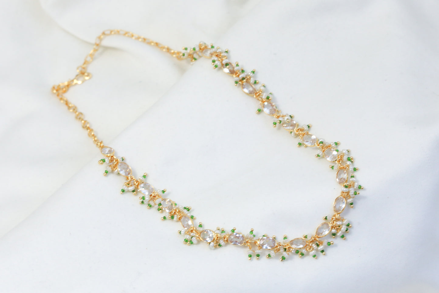 Dainty Clear CZ Polki Necklace - Green