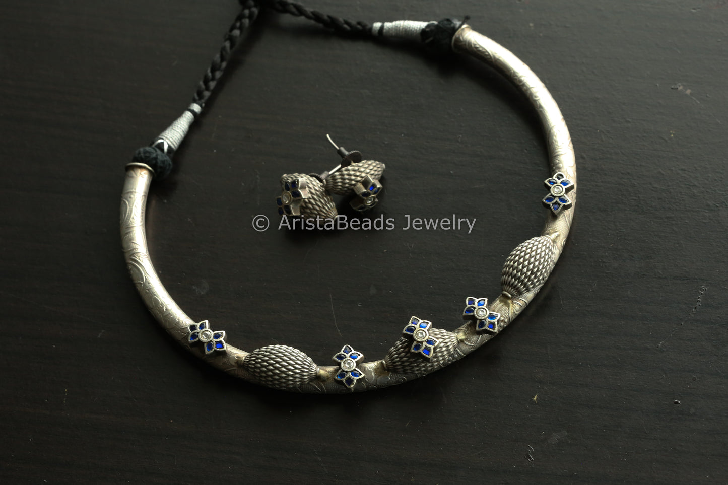 Jadau Silve Finish Hasli Set - Blue