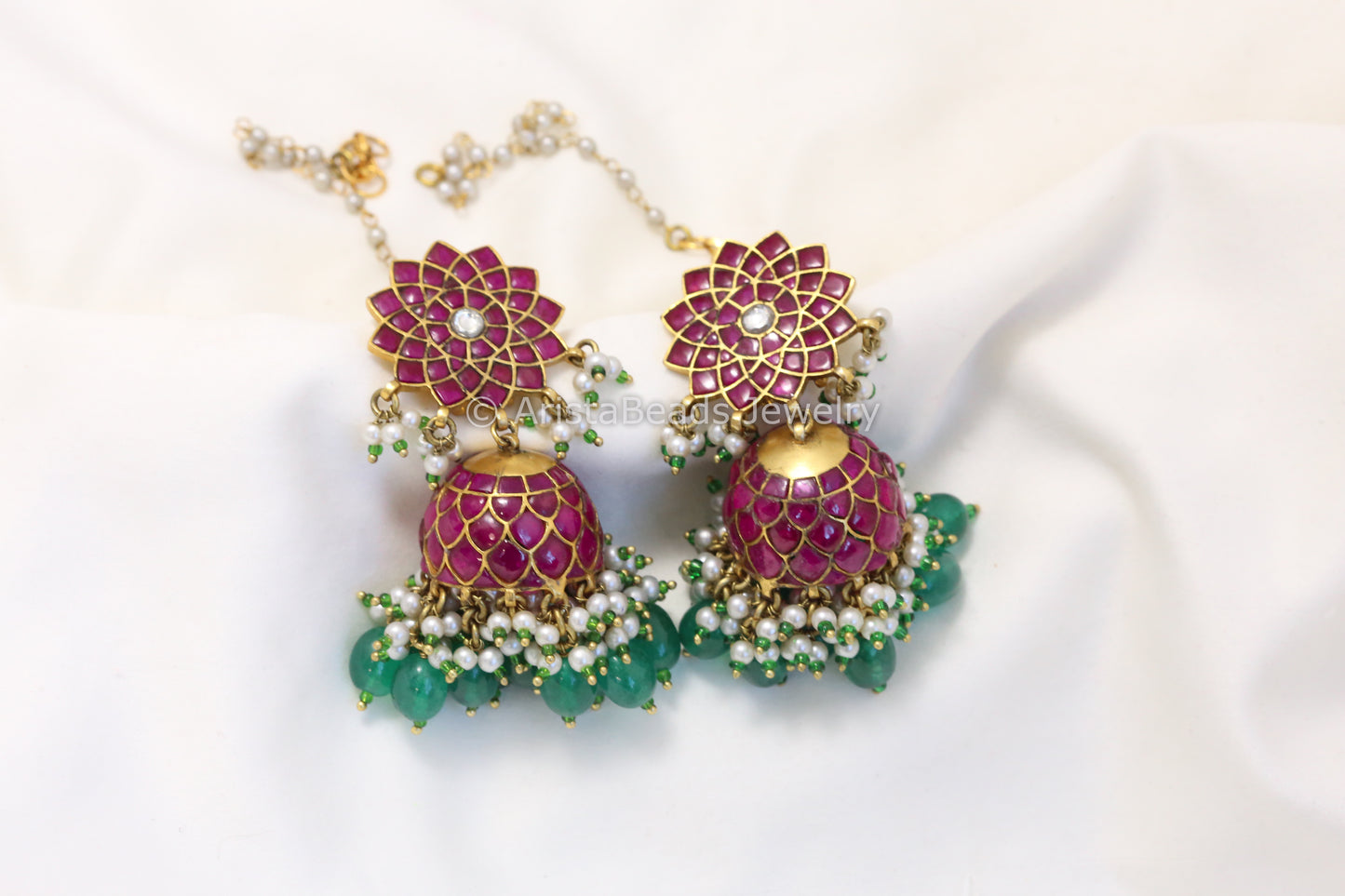 Sahana Antique Gold Jadau Kundan Jhumka - Ruby