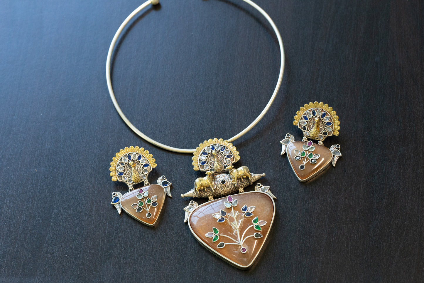 Oxidized 2 Tone Fusion Aqua Stone Necklace (T102-45)