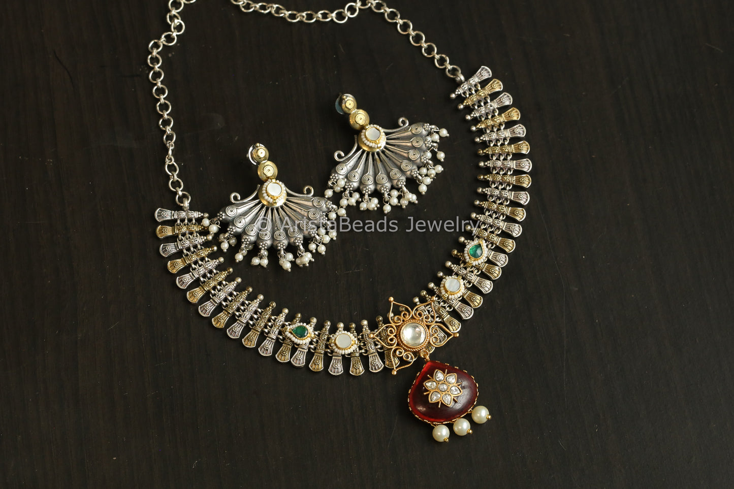 Dual Tone Fusion Kundan Set - Red (ABJ-N101-68)