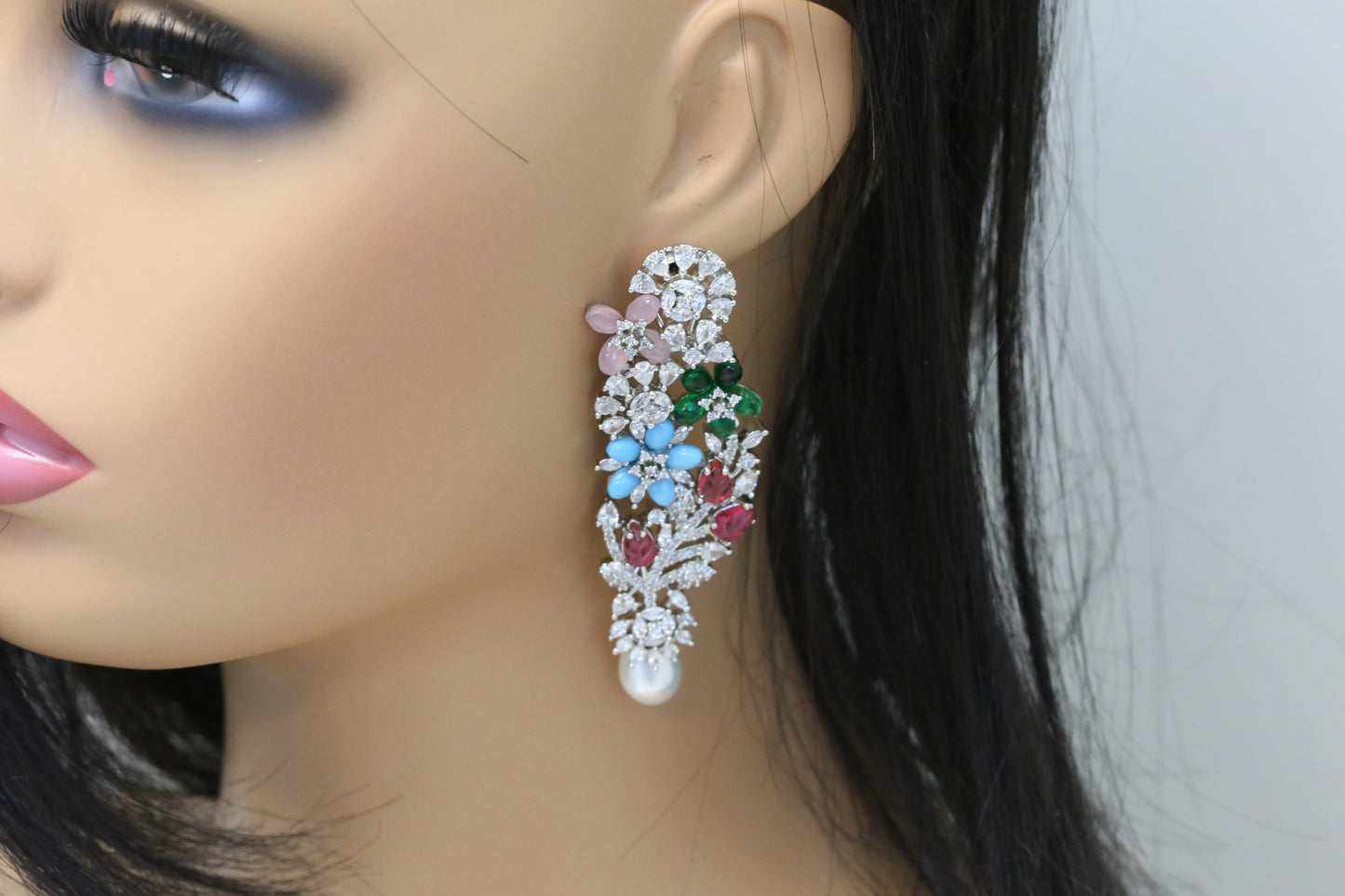 Kiran CZ & Carved Stones Pearl Earring- Turquoise