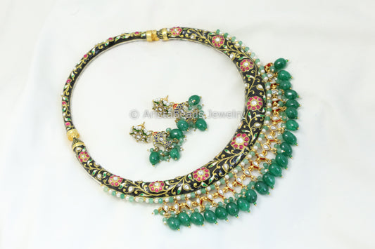 Handcrafted Rajwada Meenakari Kundan Hasli Set - Black