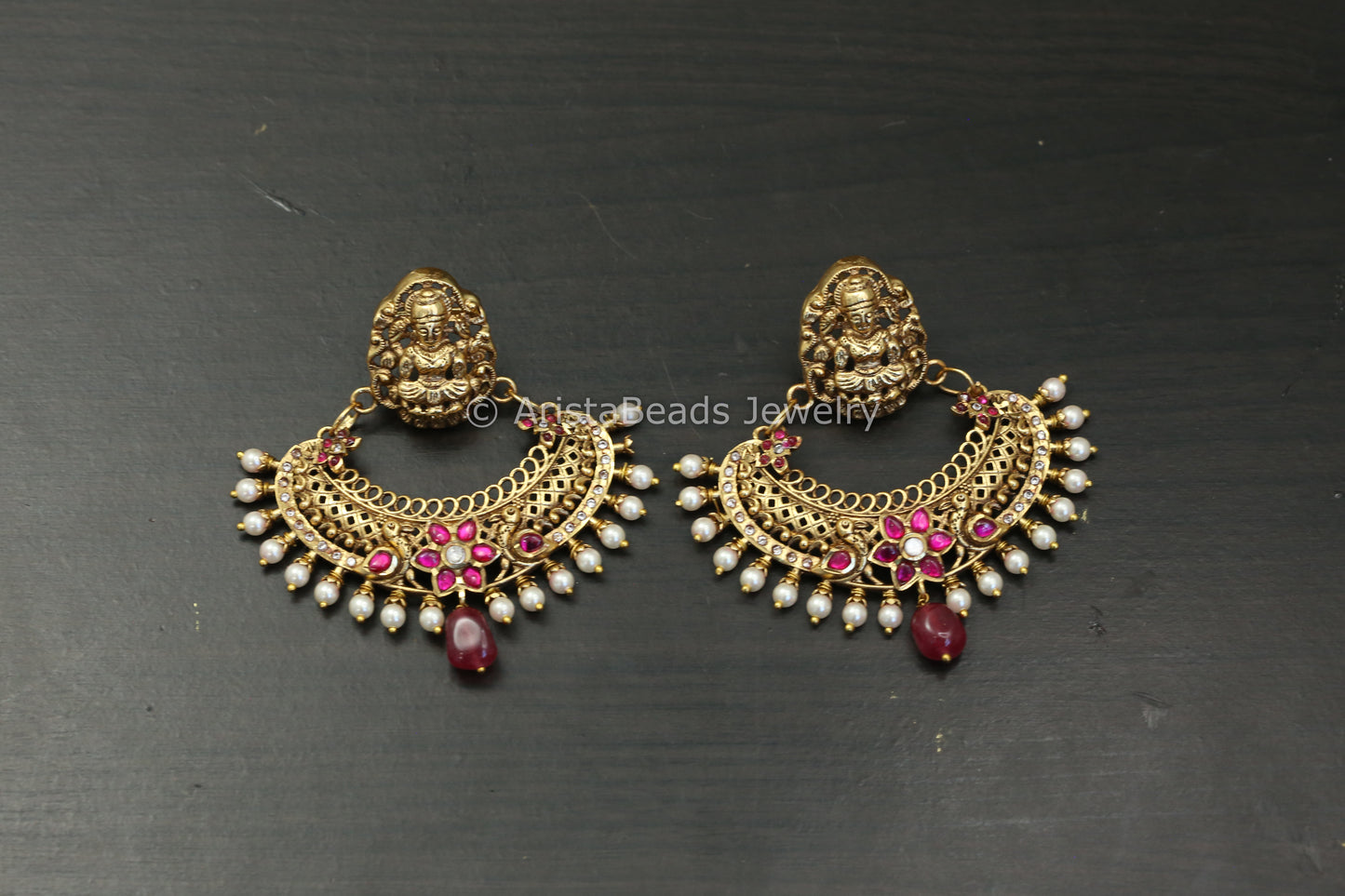 Matt Gold Antique Temple Chandbaali - Ruby